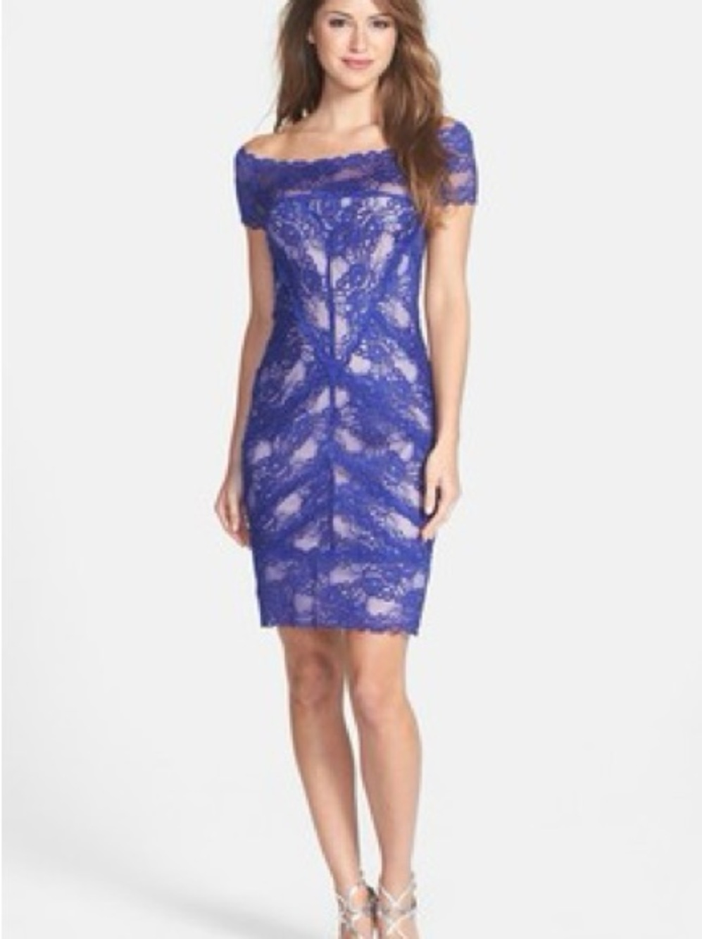 Nicole Miller Off-Shoulder Blue Lace Sheath Dress (70)